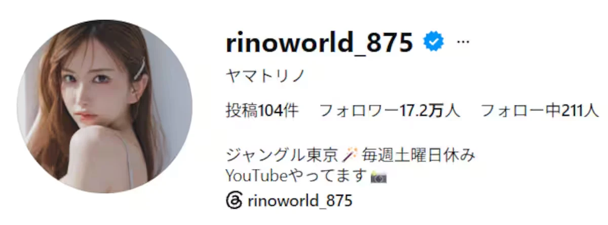 ヤマトリノのInstagramプロフィール。JUNGLE TOKYO在籍とYouTubeへの案内、17.2万人のフォロワー表示が確認できる