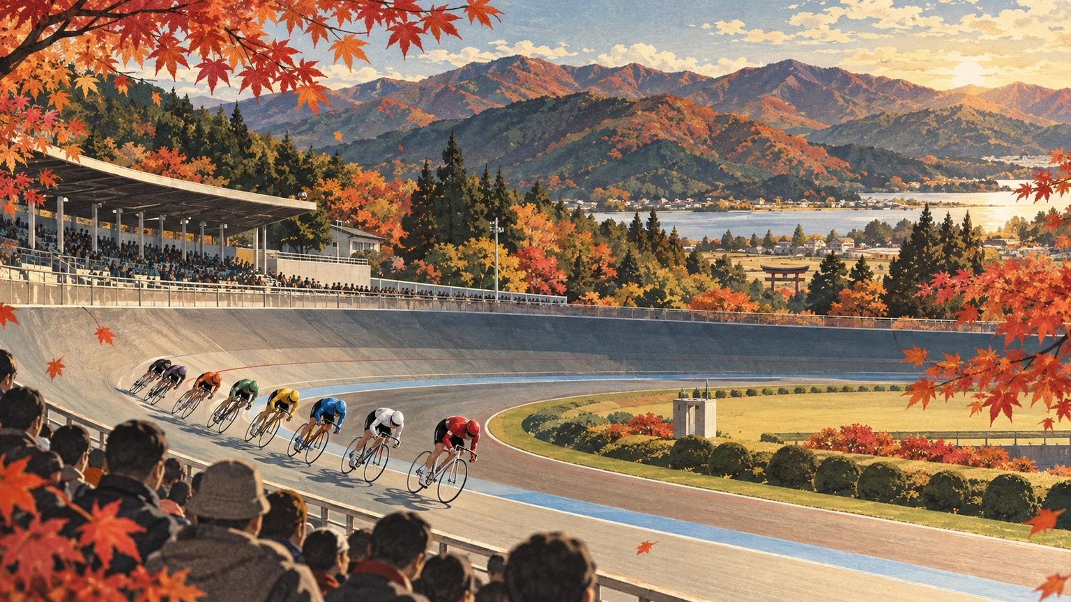 紅葉の弥彦バンクを疾走する競輪選手たち