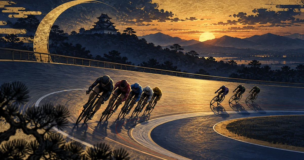 夕景の城郭と400mバンクを走る9人の競輪選手を描いた生成イメージ