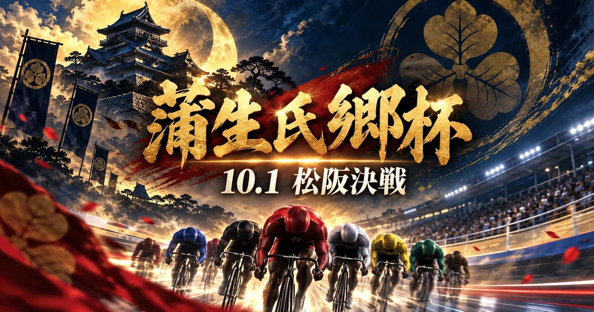 『蒲生氏郷杯 10.1松阪決戦』の文字と競輪選手を描いた戦国ポスター風の生成イラスト