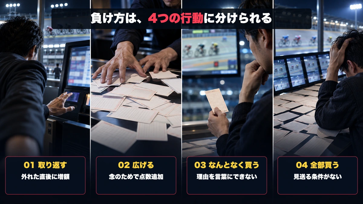 外れ直後の増額、買い目の追加、根拠を説明できない購入、レースを見送れない状態という競輪の4つの負けグセを場面別に示す図