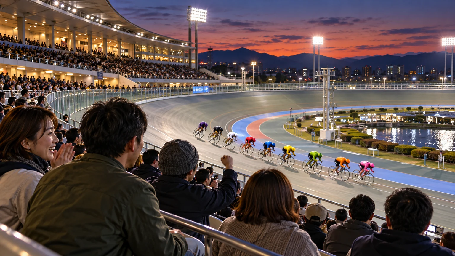 秋の夕暮れに競輪場でビッグレースを観戦するファンのイメージ
